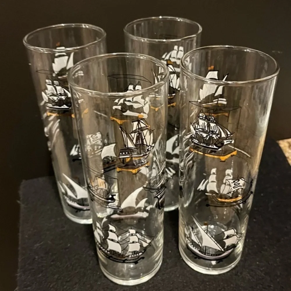 Vintage Libbey Nautical Tall Ship Design Hi Ball Glasses Set of 4